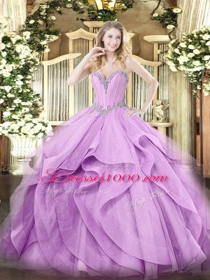 Lavender Sleeveless Beading and Ruffles Floor Length 15th Birthday Dress