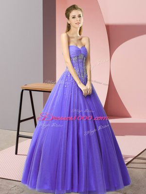 Lavender A-line Sweetheart Sleeveless Tulle Floor Length Lace Up Beading Casual Dresses
