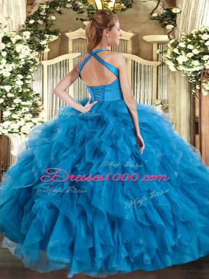 Teal Ball Gowns Halter Top Sleeveless Tulle Floor Length Lace Up Ruffles 15th Birthday Dress
