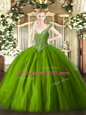 Hot Sale Green Lace Up V-neck Beading Quince Ball Gowns Tulle Sleeveless