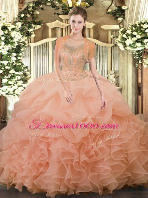 Peach Clasp Handle Scoop Beading and Ruffled Layers Quinceanera Gown Tulle Sleeveless