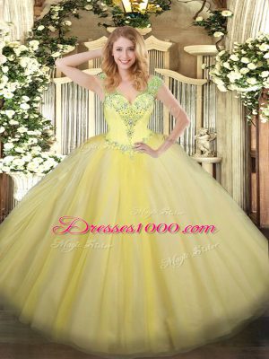 Light Yellow Lace Up 15 Quinceanera Dress Beading Sleeveless Floor Length