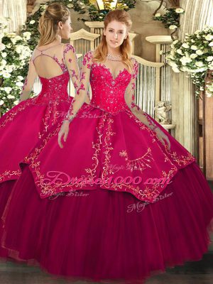Classical Wine Red Sweet 16 Quinceanera Dress Military Ball and Sweet 16 and Quinceanera with Lace and Embroidery Scoop Long Sleeves Lace Up
