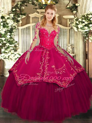 Classical Wine Red Sweet 16 Quinceanera Dress Military Ball and Sweet 16 and Quinceanera with Lace and Embroidery Scoop Long Sleeves Lace Up