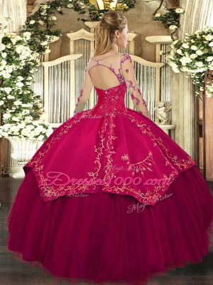 Classical Wine Red Sweet 16 Quinceanera Dress Military Ball and Sweet 16 and Quinceanera with Lace and Embroidery Scoop Long Sleeves Lace Up