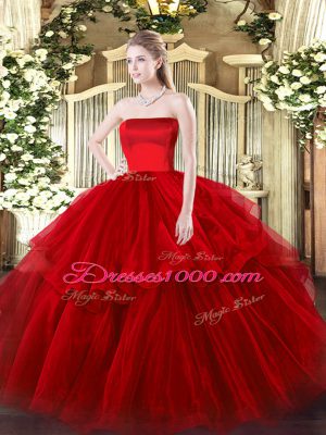 Decent Wine Red Sleeveless Brush Train Ruffled Layers Quince Ball Gowns