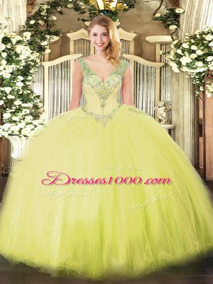 Chic Yellow Green Ball Gowns V-neck Sleeveless Tulle Floor Length Lace Up Beading 15 Quinceanera Dress