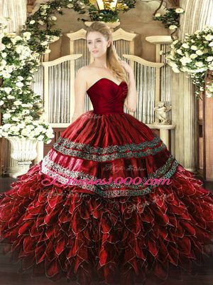 Adorable Wine Red Zipper Sweetheart Embroidery and Ruffles Quinceanera Dress Organza and Taffeta Sleeveless