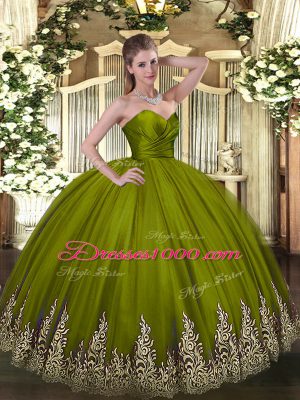 Fine Olive Green Zipper Sweetheart Appliques 15th Birthday Dress Tulle Sleeveless