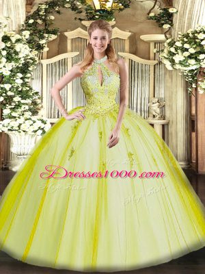 Fitting Appliques Sweet 16 Dresses Yellow Green Lace Up Sleeveless Floor Length