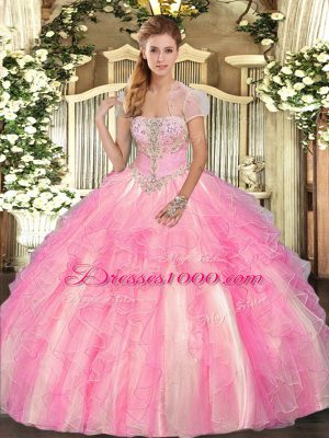 Classical Sleeveless Tulle Floor Length Lace Up Ball Gown Prom Dress in Rose Pink with Appliques and Ruffles
