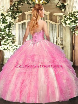Classical Sleeveless Tulle Floor Length Lace Up Ball Gown Prom Dress in Rose Pink with Appliques and Ruffles