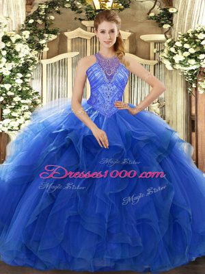 Deluxe Blue Ball Gowns Organza High-neck Sleeveless Beading and Ruffles Floor Length Lace Up Sweet 16 Dresses