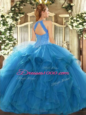 Deluxe Blue Ball Gowns Organza High-neck Sleeveless Beading and Ruffles Floor Length Lace Up Sweet 16 Dresses