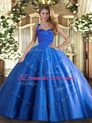 Dazzling Blue Lace Up Halter Top Appliques 15 Quinceanera Dress Tulle Sleeveless