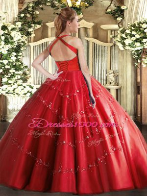 Dazzling Blue Lace Up Halter Top Appliques 15 Quinceanera Dress Tulle Sleeveless