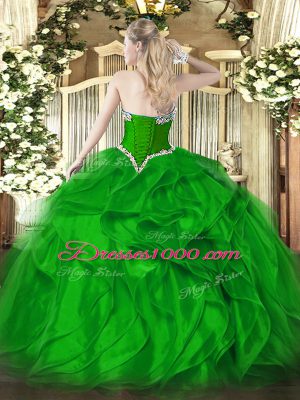 Green Ball Gowns Beading and Ruffles Ball Gown Prom Dress Lace Up Organza Sleeveless Floor Length