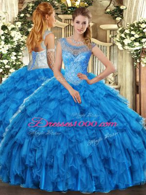 Beautiful Baby Blue Lace Up Vestidos de Quinceanera Beading and Ruffles Sleeveless Floor Length