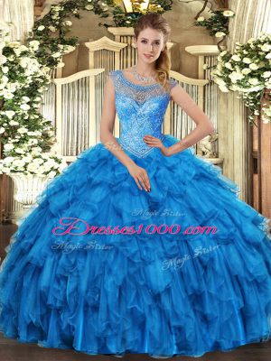 Beautiful Baby Blue Lace Up Vestidos de Quinceanera Beading and Ruffles Sleeveless Floor Length