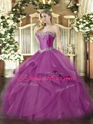 Adorable Fuchsia Ball Gowns Tulle Sweetheart Sleeveless Beading and Ruffles Floor Length Lace Up Sweet 16 Dresses