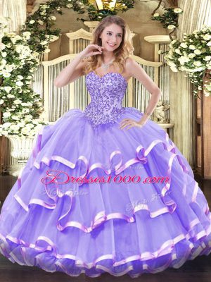 Custom Designed Organza Sweetheart Sleeveless Lace Up Appliques and Ruffled Layers 15th Birthday Dress in Lavender