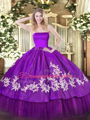 Super Strapless Sleeveless Zipper Sweet 16 Quinceanera Dress Purple Organza and Taffeta