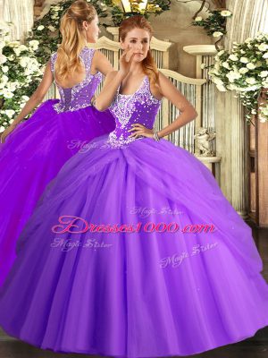Cheap Lavender Sleeveless Floor Length Beading and Pick Ups Lace Up Ball Gown Prom Dress