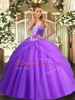 Cheap Lavender Sleeveless Floor Length Beading and Pick Ups Lace Up Ball Gown Prom Dress