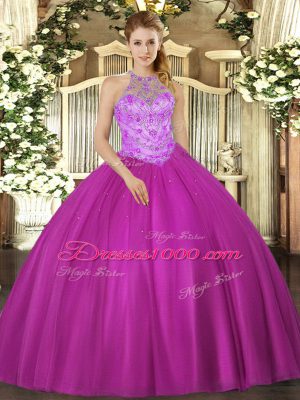 Floor Length Lace Up Sweet 16 Dresses Fuchsia for Military Ball and Sweet 16 and Quinceanera with Beading