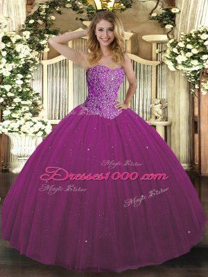 Fuchsia Ball Gowns Sweetheart Sleeveless Tulle Floor Length Lace Up Beading 15 Quinceanera Dress