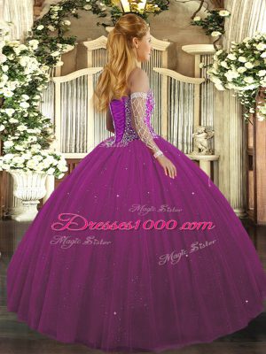 Fuchsia Ball Gowns Sweetheart Sleeveless Tulle Floor Length Lace Up Beading 15 Quinceanera Dress