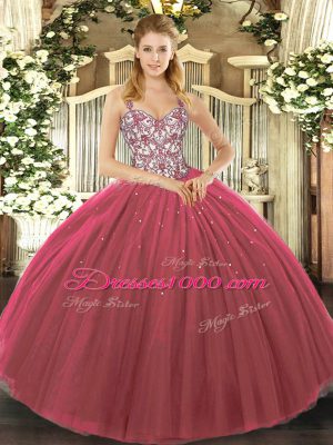 Fuchsia Lace Up 15th Birthday Dress Beading and Appliques Sleeveless Floor Length
