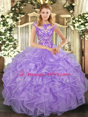 Adorable Cap Sleeves Lace Up Floor Length Beading and Appliques and Ruffles Sweet 16 Dress