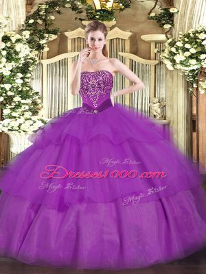 Chic Purple Lace Up Strapless Beading and Ruffled Layers Ball Gown Prom Dress Tulle Sleeveless