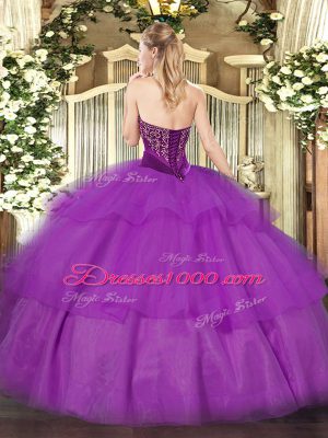 Chic Purple Lace Up Strapless Beading and Ruffled Layers Ball Gown Prom Dress Tulle Sleeveless