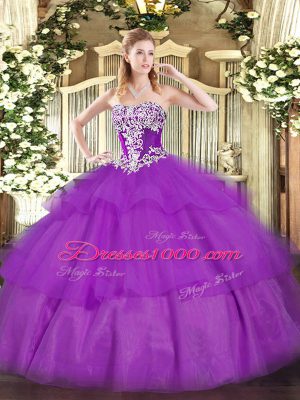 Captivating Purple Sleeveless Tulle Lace Up Sweet 16 Quinceanera Dress for Military Ball and Sweet 16 and Quinceanera