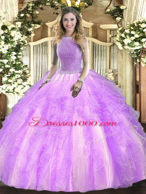 Comfortable Lavender Square Neckline Beading and Ruffles 15 Quinceanera Dress Sleeveless Lace Up