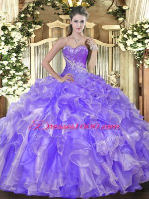 Floor Length Lace Up Sweet 16 Dress Lavender for Military Ball and Sweet 16 and Quinceanera with Beading and Ruffles