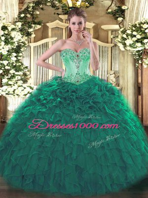 Sumptuous Floor Length Turquoise Sweet 16 Dresses Organza Sleeveless Beading and Ruffles