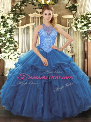 Floor Length Lace Up Sweet 16 Dress Blue for Military Ball and Sweet 16 and Quinceanera with Beading and Ruffles