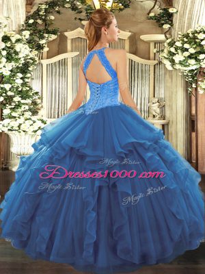 Floor Length Lace Up Sweet 16 Dress Blue for Military Ball and Sweet 16 and Quinceanera with Beading and Ruffles