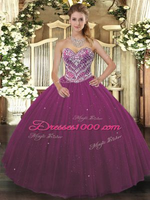 Admirable Tulle Sweetheart Sleeveless Lace Up Beading 15th Birthday Dress in Burgundy