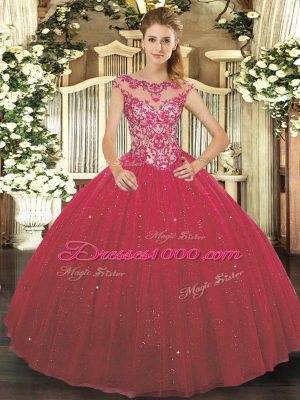 Great Ball Gowns Sweet 16 Quinceanera Dress Wine Red Scoop Tulle Cap Sleeves Floor Length Lace Up