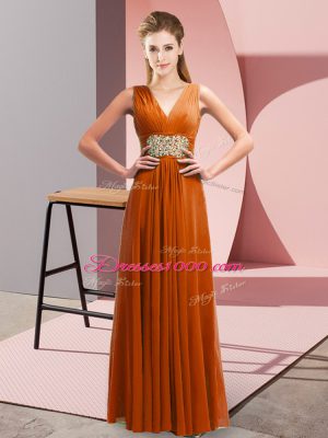 Custom Design Floor Length Rust Red Party Dress Wholesale Chiffon Sleeveless Beading and Ruching