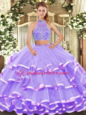 Lavender 15th Birthday Dress Military Ball and Sweet 16 and Quinceanera with Beading and Ruffled Layers Halter Top Sleeveless Criss Cross