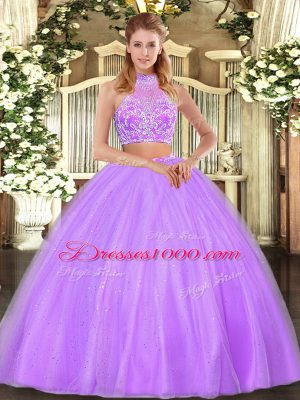 Lilac Sleeveless Floor Length Beading Criss Cross Quinceanera Gown
