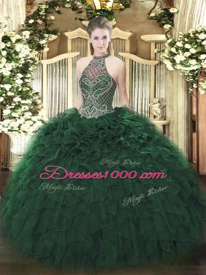 Traditional Sleeveless Taffeta Floor Length Lace Up Sweet 16 Quinceanera Dress in Dark Green with Beading and Ruffles