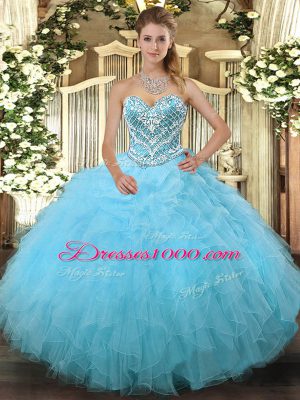 Captivating Aqua Blue Tulle Lace Up Sweetheart Sleeveless Floor Length 15th Birthday Dress Beading and Ruffles