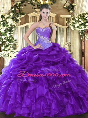 Fitting Purple Lace Up Sweetheart Beading and Ruffles and Pick Ups Sweet 16 Dress Organza Sleeveless