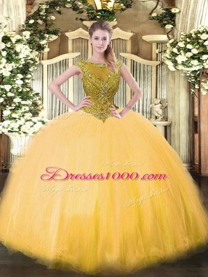 High Class Gold Ball Gowns Scoop Sleeveless Tulle Floor Length Zipper Beading Quinceanera Dresses